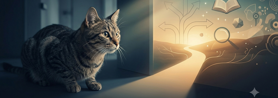 Curious cat looking toward an unexplored, illuminated pathway symbolising discovery and learning.