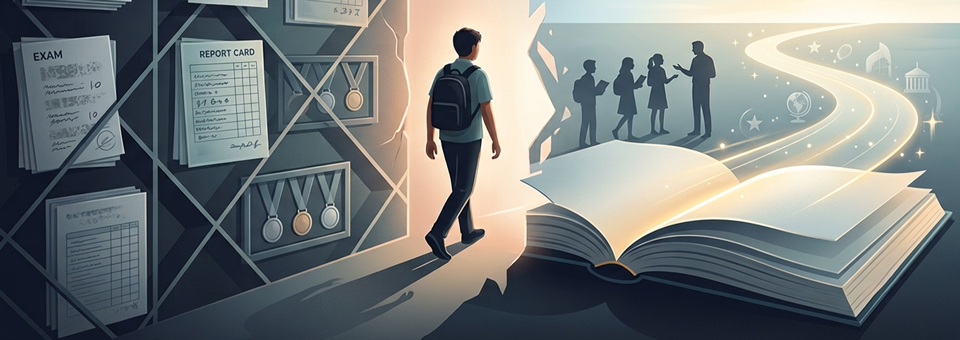 Conceptual illustration showing a shift from marks-focused education to holistic learning.