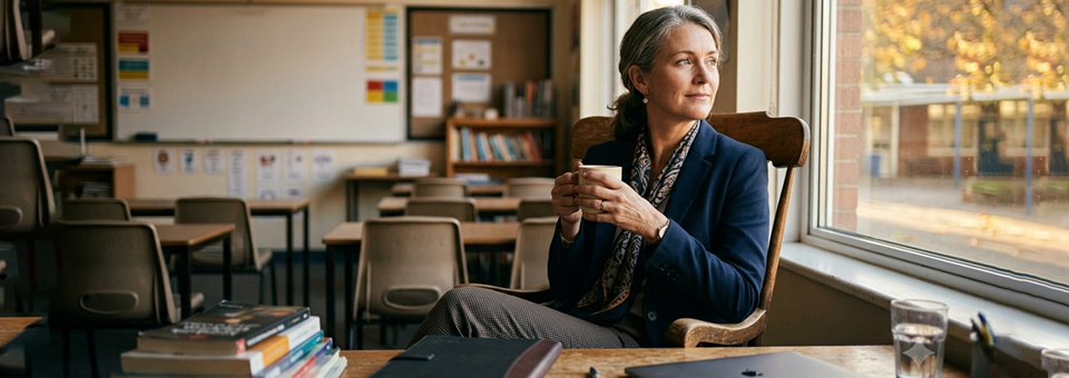 Teacher taking a peaceful break in an empty classroom