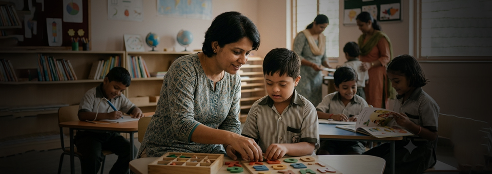 Educator supporting children in an inclusive special education classroom