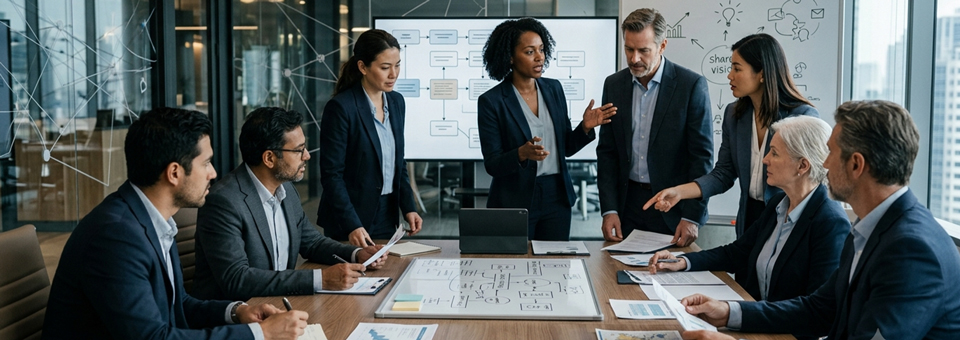 Professionals collaborating on a team strategy in a modern workplace